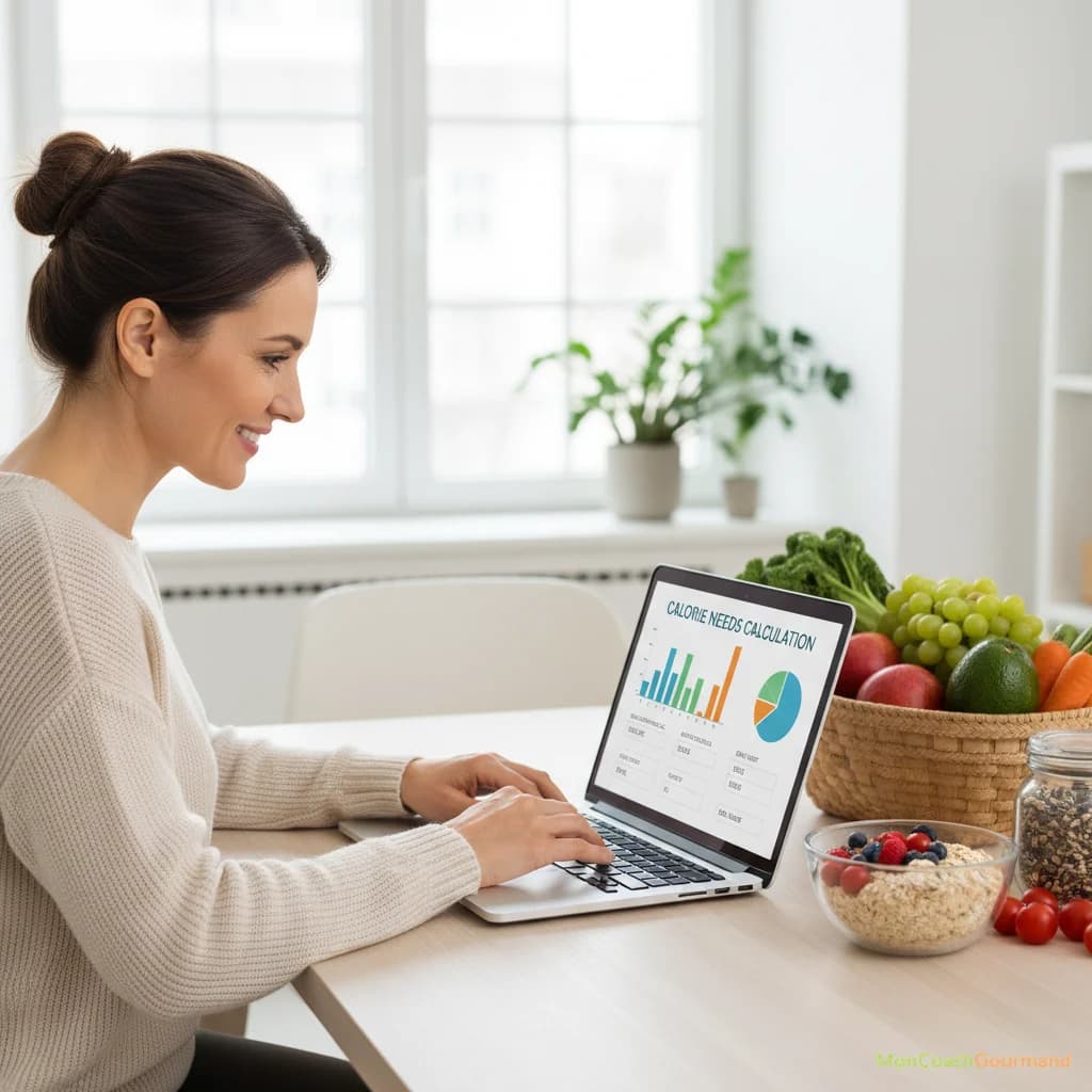 Une femme souriante calculant ses besoins caloriques sur une tablette, avec des aliments sains en arrière-plan.