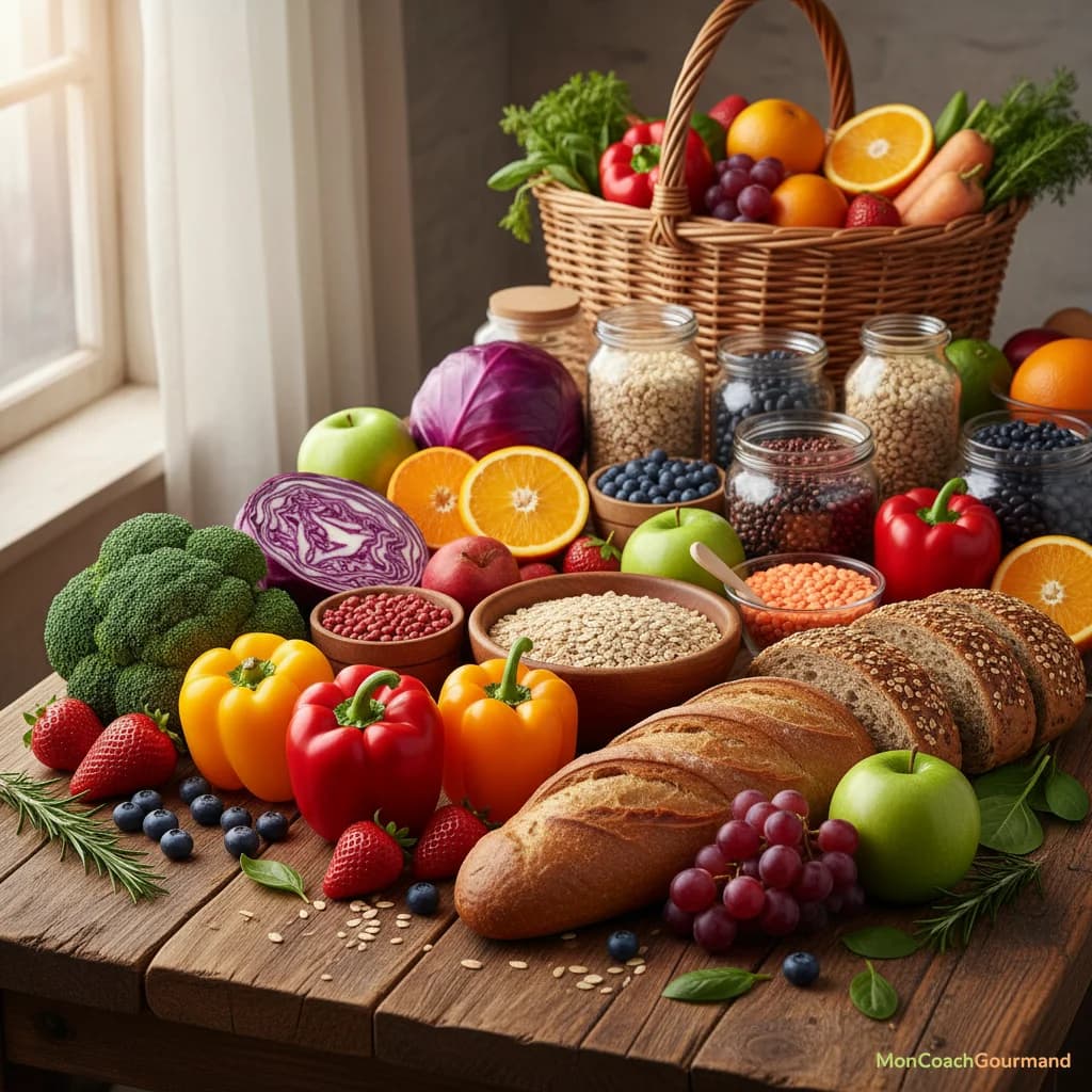 Assortiment varié d'aliments sains et colorés, avec des légumes, fruits, céréales complètes et légumineuses, symbolisant une approche nutritionnelle équilibrée.