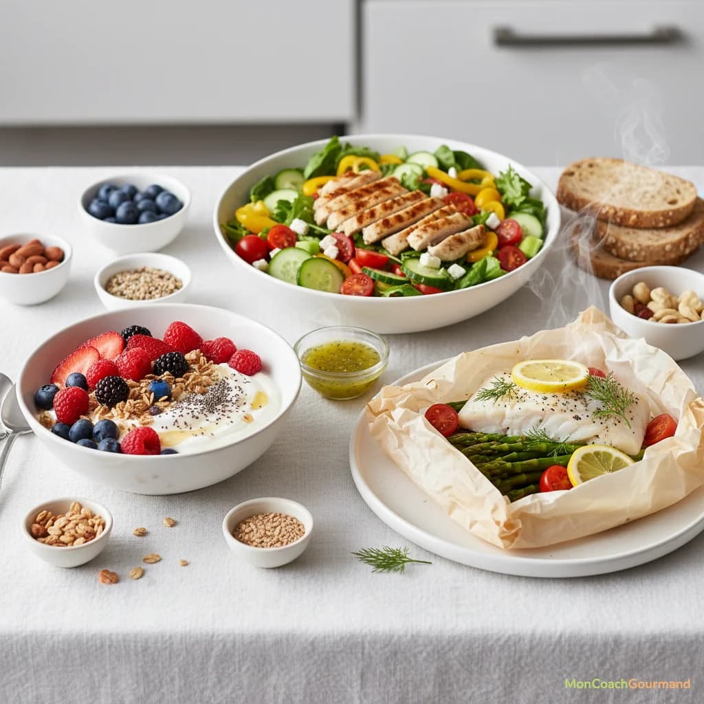 Assortiment de petits-déjeuners, déjeuners et dîners sains et rapides, présentés de manière appétissante et colorée.
