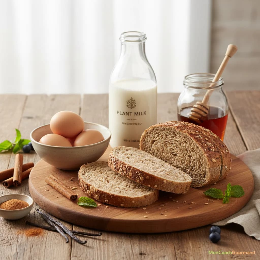 Assortiment d'ingrédients sains pour pain perdu : pain complet, œufs, lait végétal, fruits frais, épices.