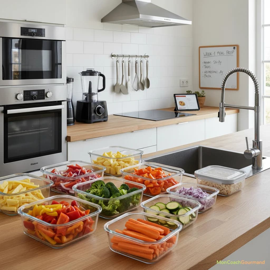 Une cuisine organisée et propre, avec des ustensiles modernes et des légumes pré-coupés, symbolisant l'efficacité du batch cooking.