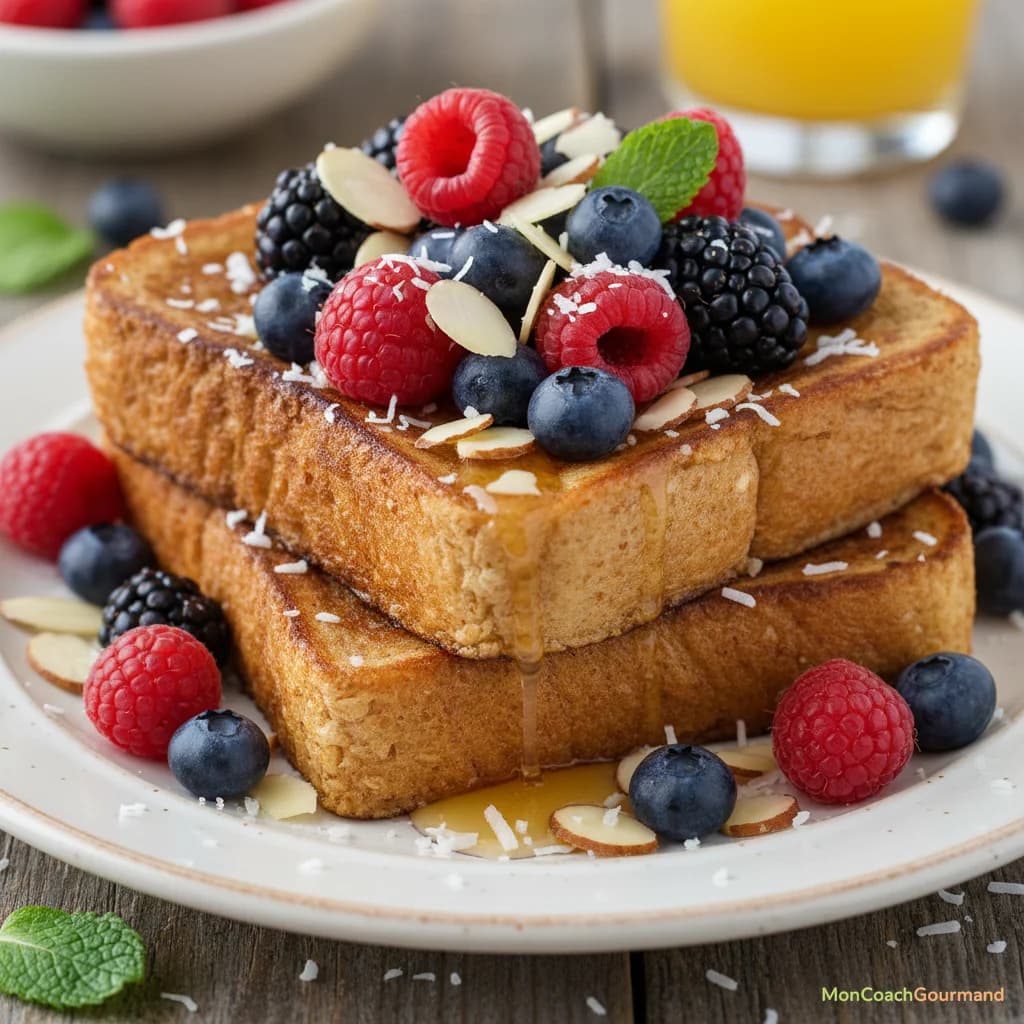 Un pain perdu healthy joliment décoré de fruits frais comme des baies, des tranches d'amandes et une pincée de noix de coco râpée.