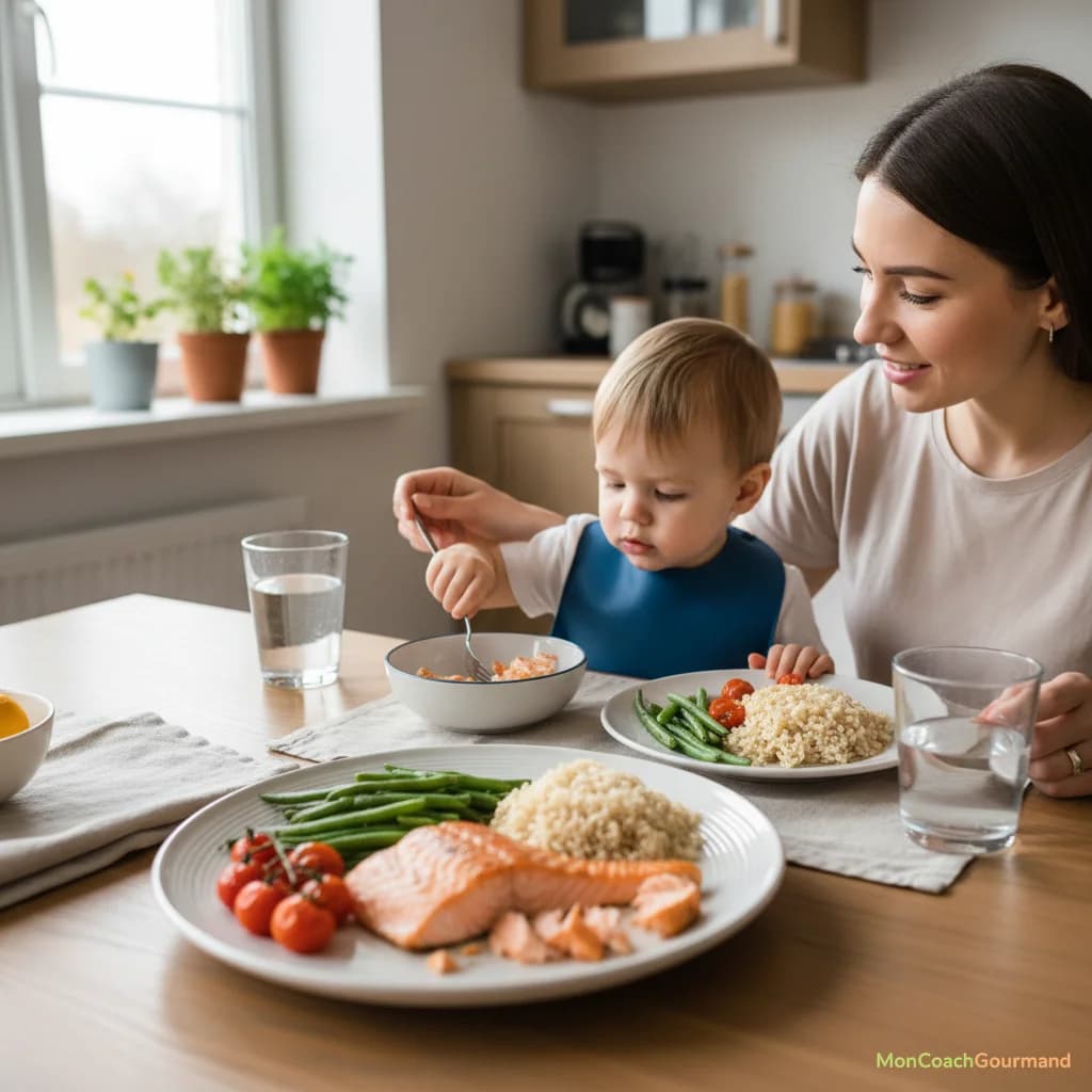 Une mère et son enfant partagent un repas sain à base de poisson, illustrant des choix alimentaires sûrs et des portions adaptées. L'image est chaleureuse et met l'accent sur la sécurité et le bien-être familial. Le style est réaliste et bienveillant.