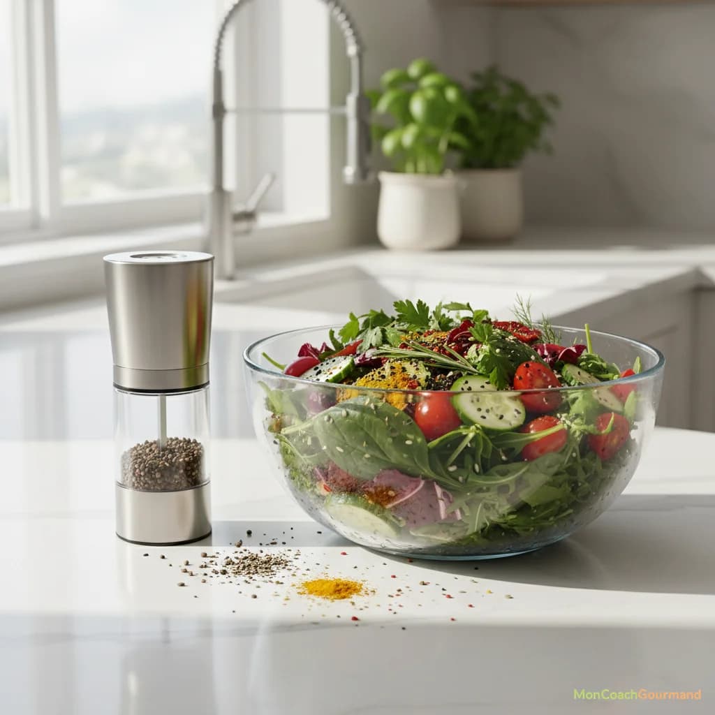 Mains d'une personne réduisant la quantité de sel et de sucre sur des légumes frais et des fruits, mettant en avant des alternatives saines.