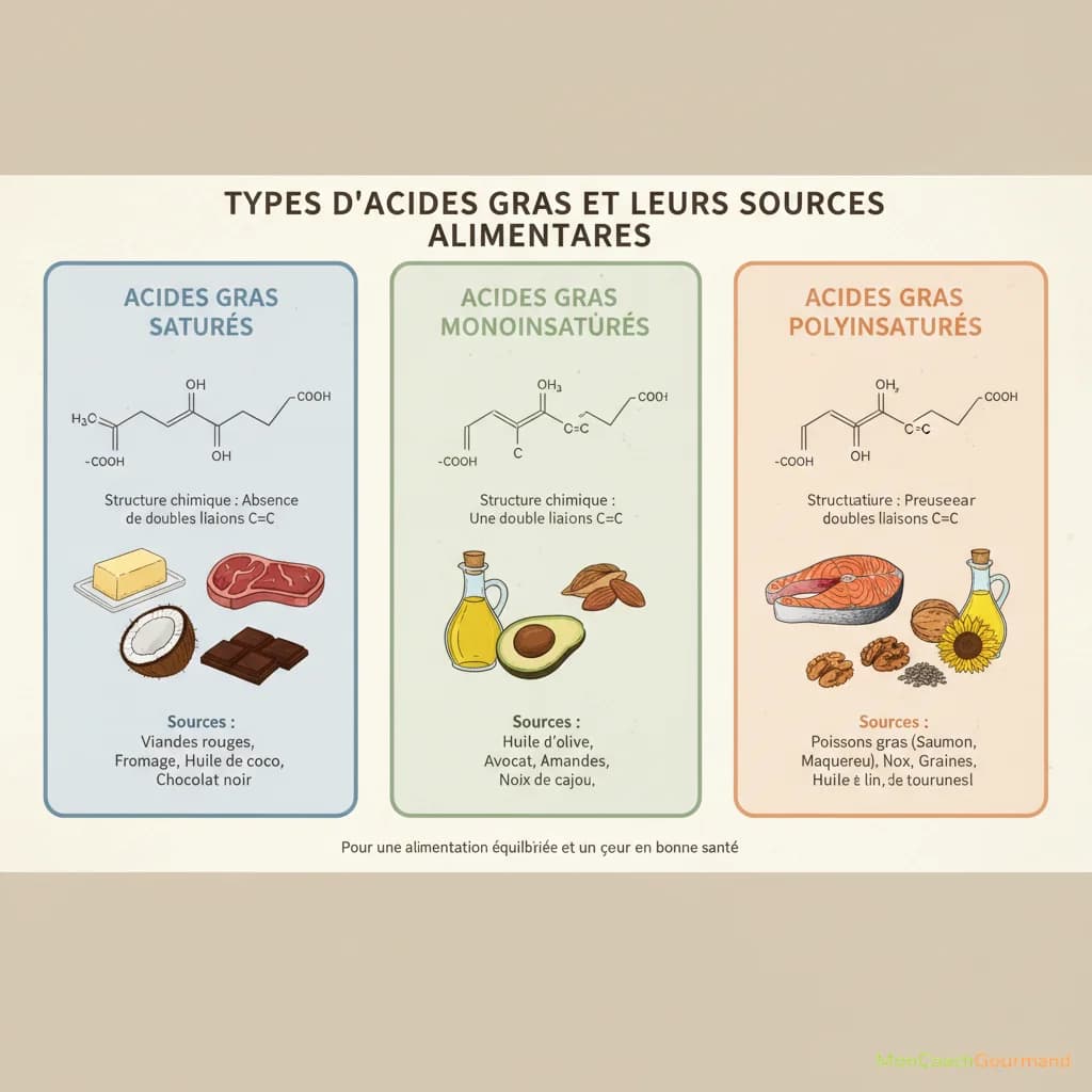 Illustration des différents types d'acides gras (saturés, monoinsaturés, polyinsaturés) avec des exemples d'aliments correspondants, mettant en lumière leur structure chimique et leurs sources. L'image est réaliste et didactique.
