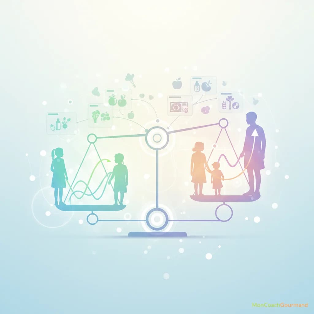 Illustration montrant des silhouettes stylisées d'hommes et de femmes de différents âges (enfant, adolescent, adulte, senior) autour d'une balance nutritionnelle, avec des graphiques symbolisant des besoins énergétiques et en nutriments différents. L'image est réaliste mais didactique, avec des couleurs douces.
