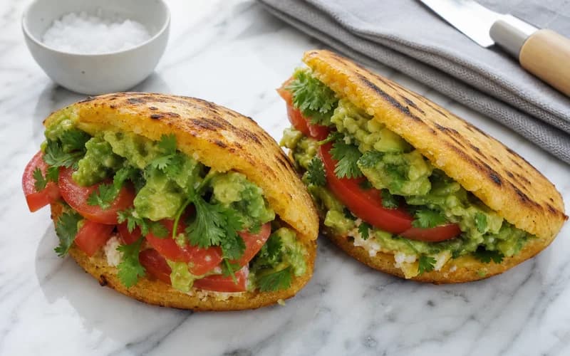 Arepa vénézuélienne dorée à la poêle, galette épaisse de maïs blanc précuit fendue et garnie