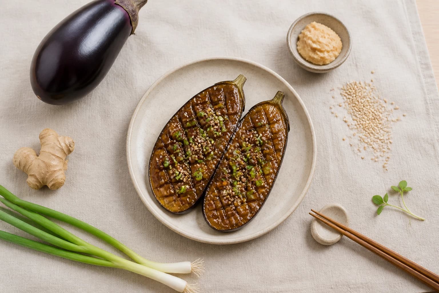 Aubergines rôties au miso et sésame doré, glaçage caramélisé et graines de sésame sur assiette japonaise