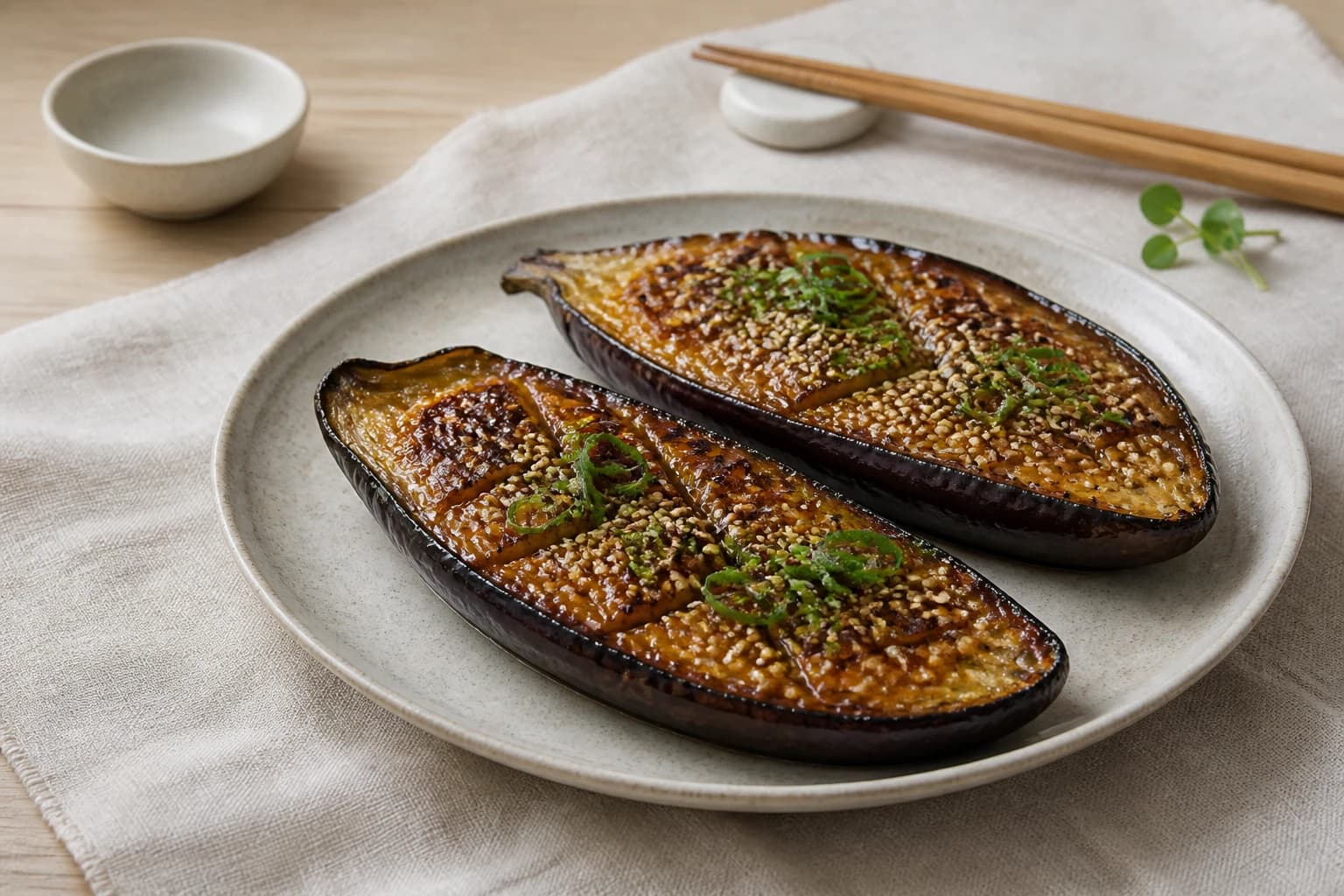 Etape 4 : Napper et caraméliser sous le grill — Aubergines rôties au miso et sésame doré