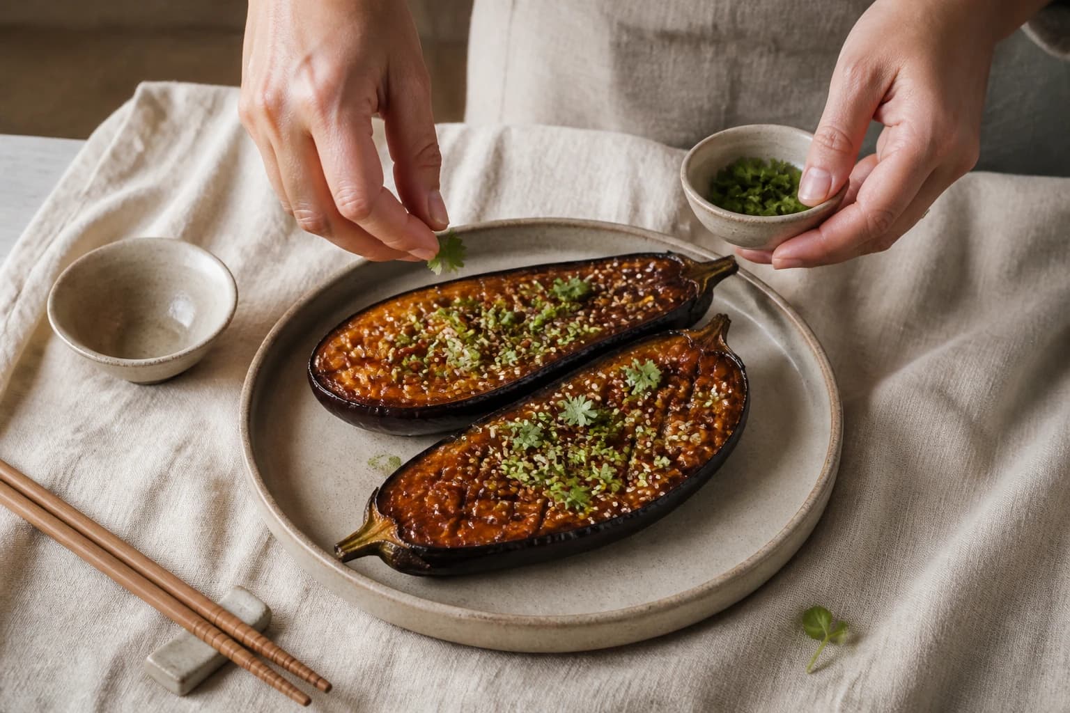 Etape 5 : Dresser et servir — Aubergines rôties au miso et sésame doré