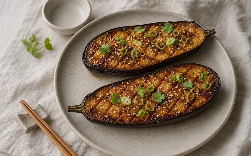 Aubergines rôties au miso et sésame, glaçage caramélisé brillant et graines de sésame dorées dressées sur céramique japonaise