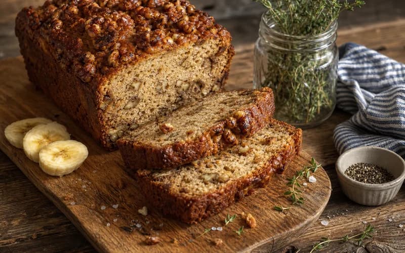 Tranches de banana bread épeautre aux noix sur planche en bois, mie moelleuse et croûte dorée