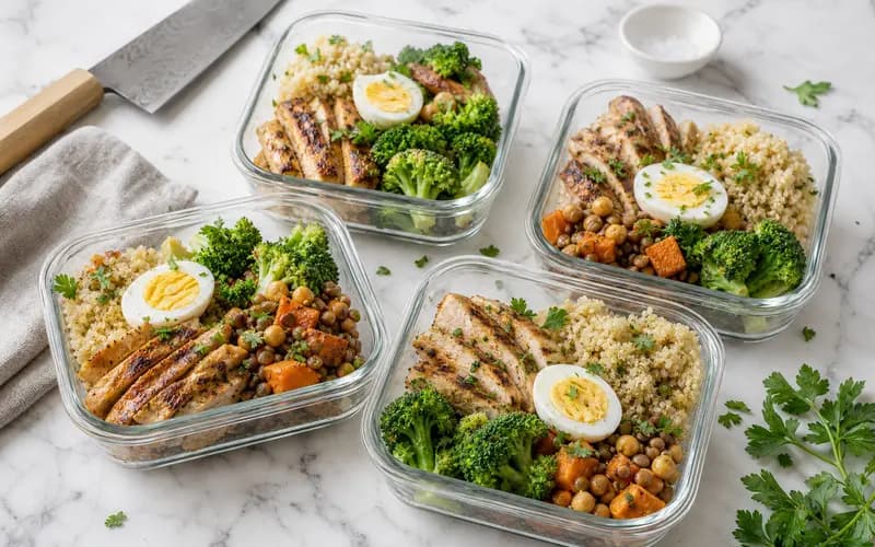 Quatre boîtes hermétiques de batch cooking protéiné : poulet grillé, quinoa, brocoli vapeur et lentilles, prêtes pour la semaine