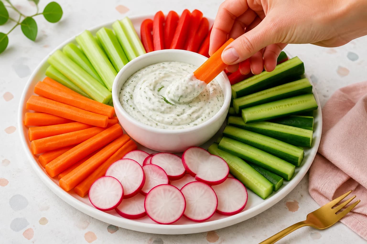Bâtonnets de légumes croquants trempés dans un dip crémeux au yaourt et aux herbes fraîches