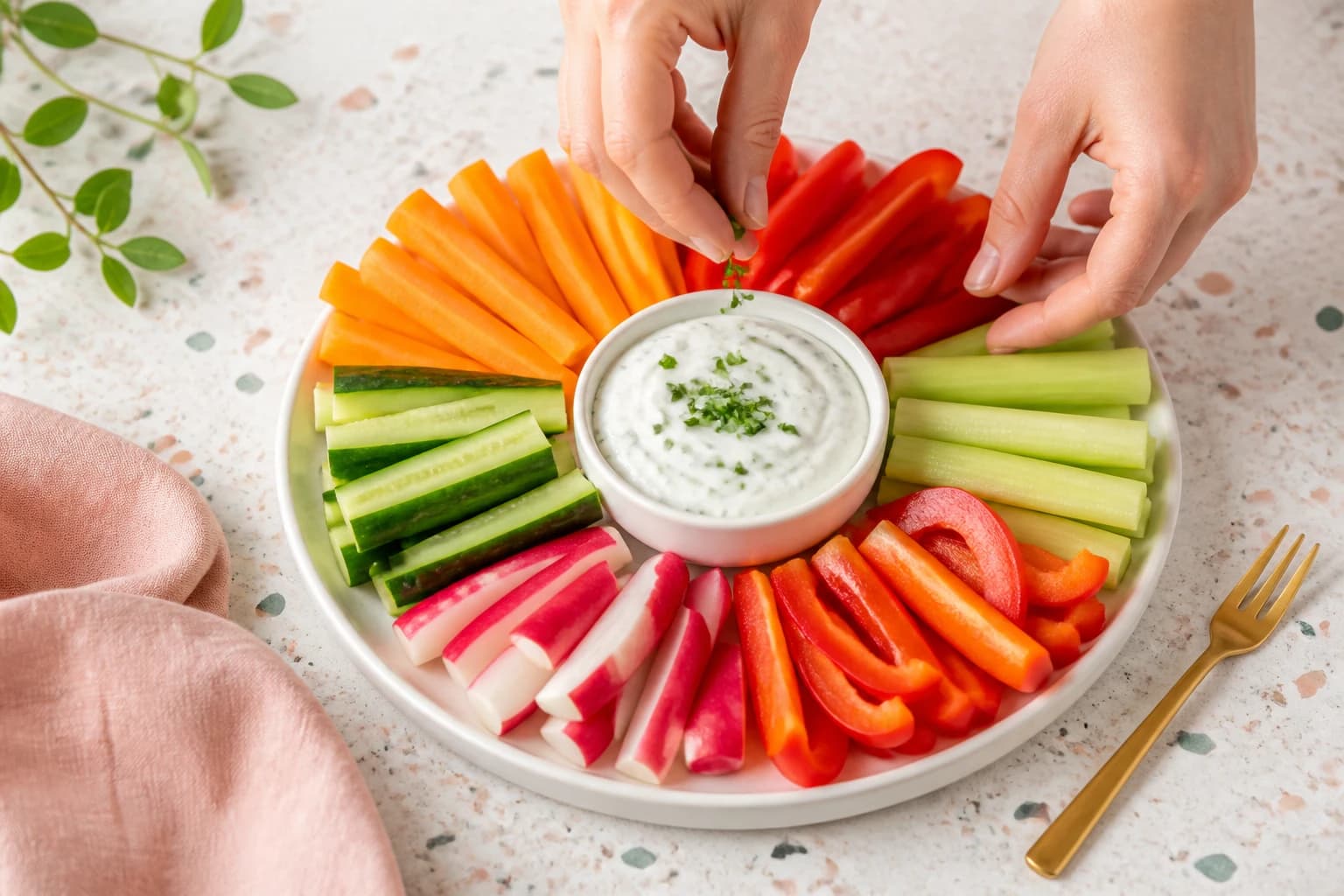 Etape 4 : Dresser et servir — Bâtonnets de légumes, dip yaourt-herbes frais