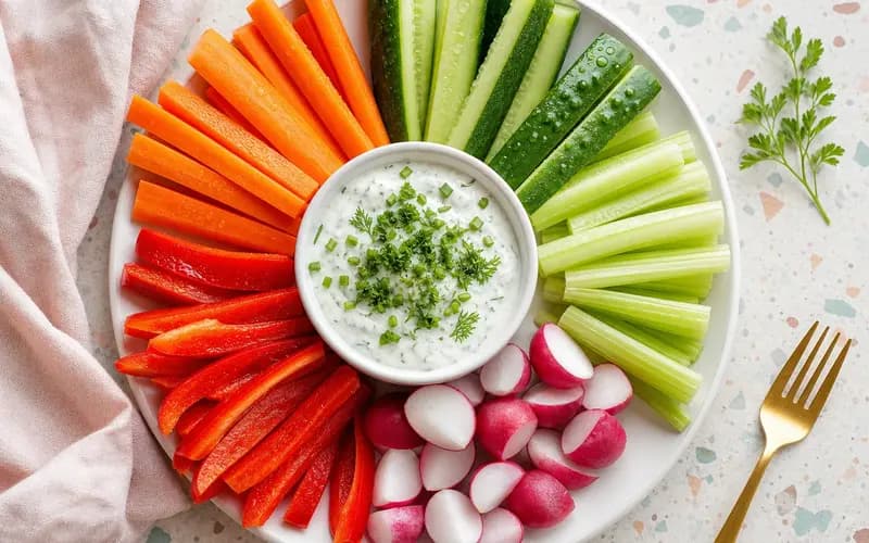 Assiette de bâtonnets de légumes colorés autour d'un bol de dip crémeux au yaourt et aux herbes