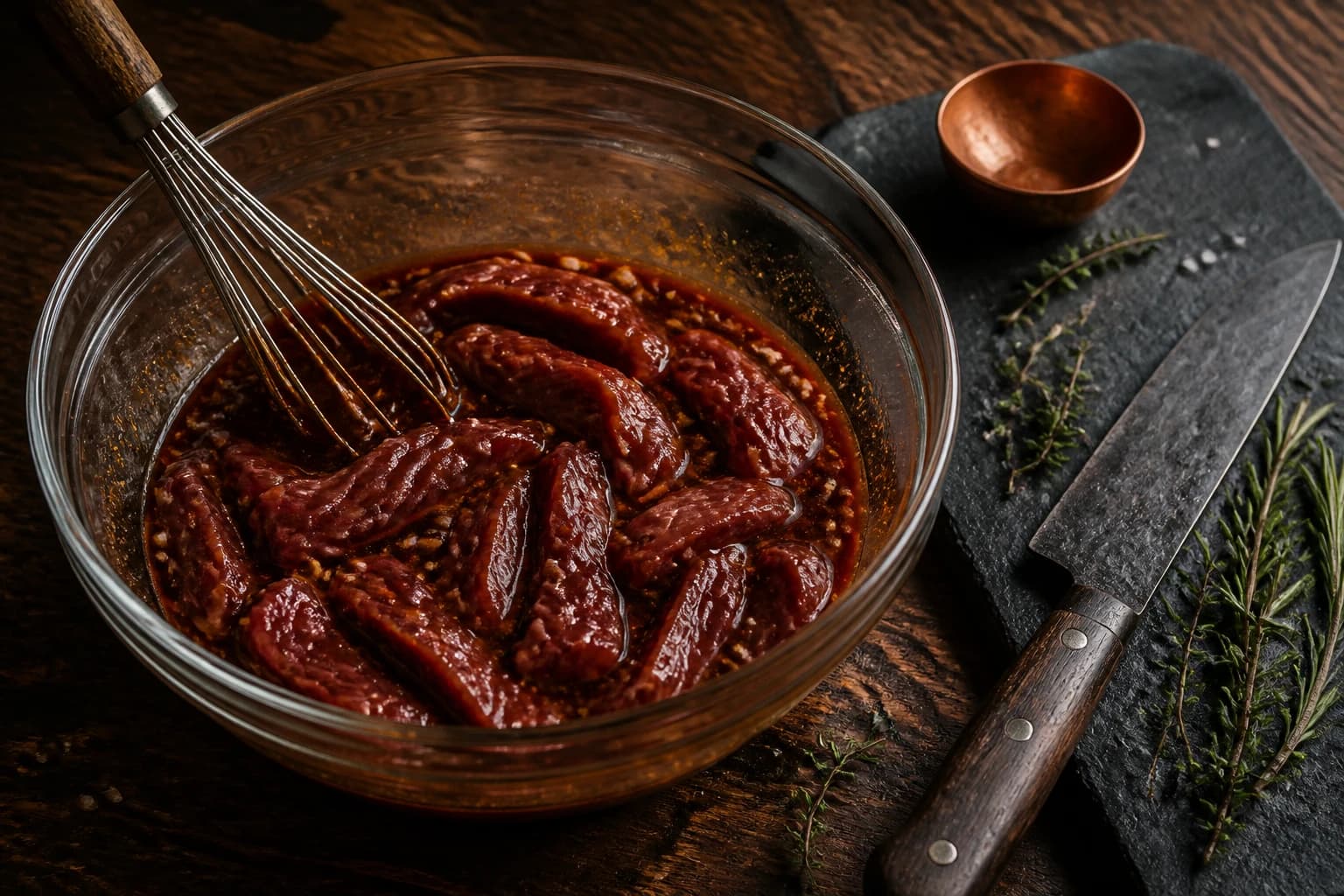 Etape 2 : Mariner dans la sauce barbecue — Beef jerky barbecue fumé maison