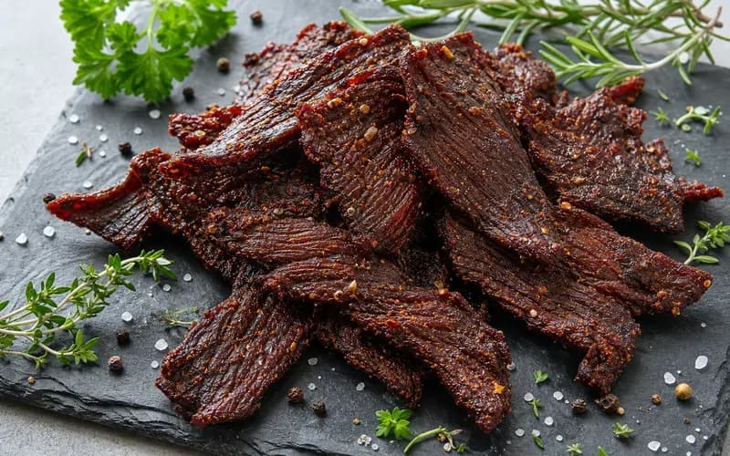 Beef jerky cajun épicé maison sur une planche en bois, tranches fines de bœuf séché au mélange cajun