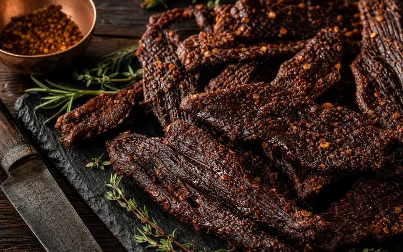Lanières de beef jerky épicé étalées sur une planche en bois, avec piments rouges et paprika fumé