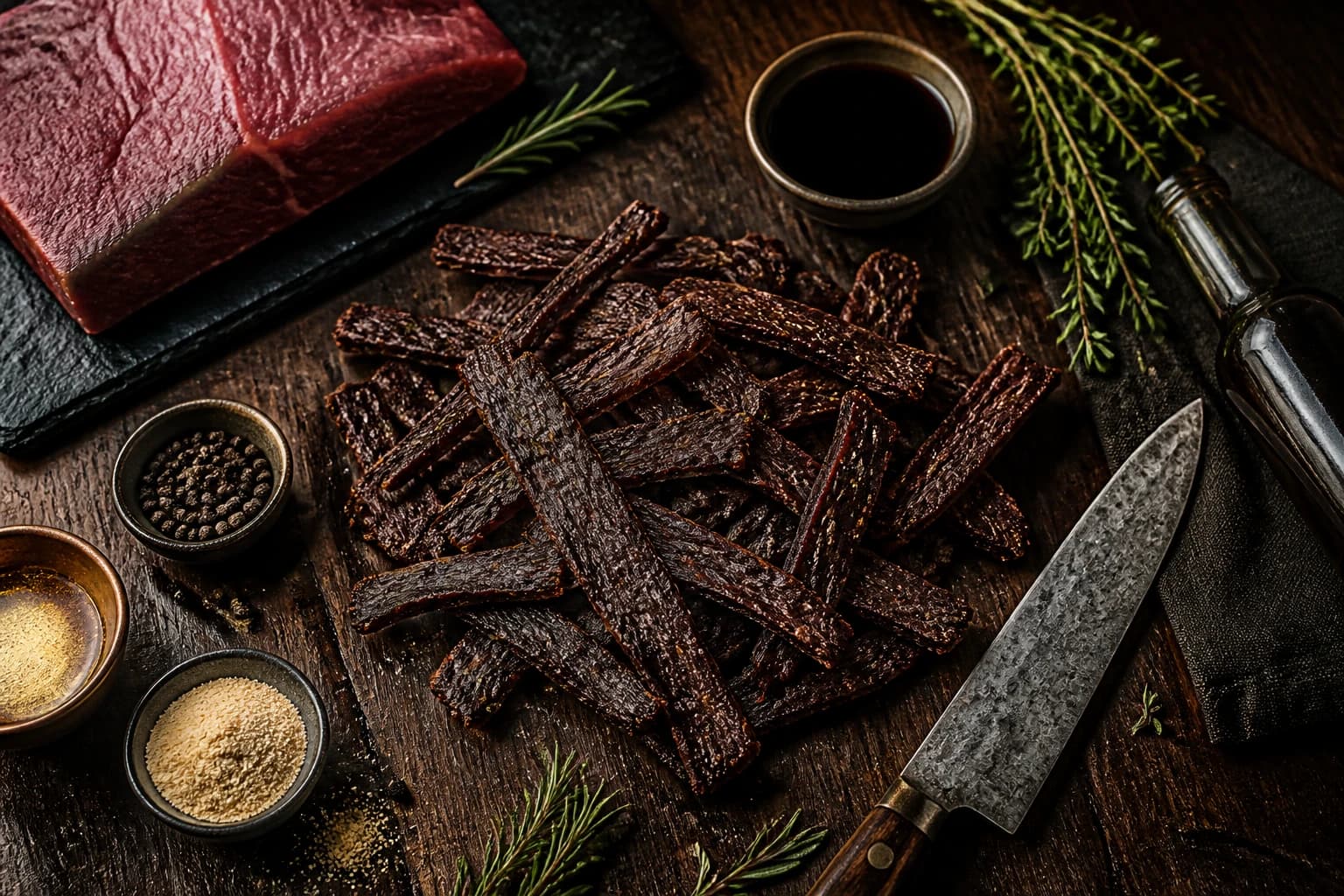 Tranches de beef jerky maison en gros plan, texture fibreuse et dorée, avec la marinade soja visible en arrière-plan
