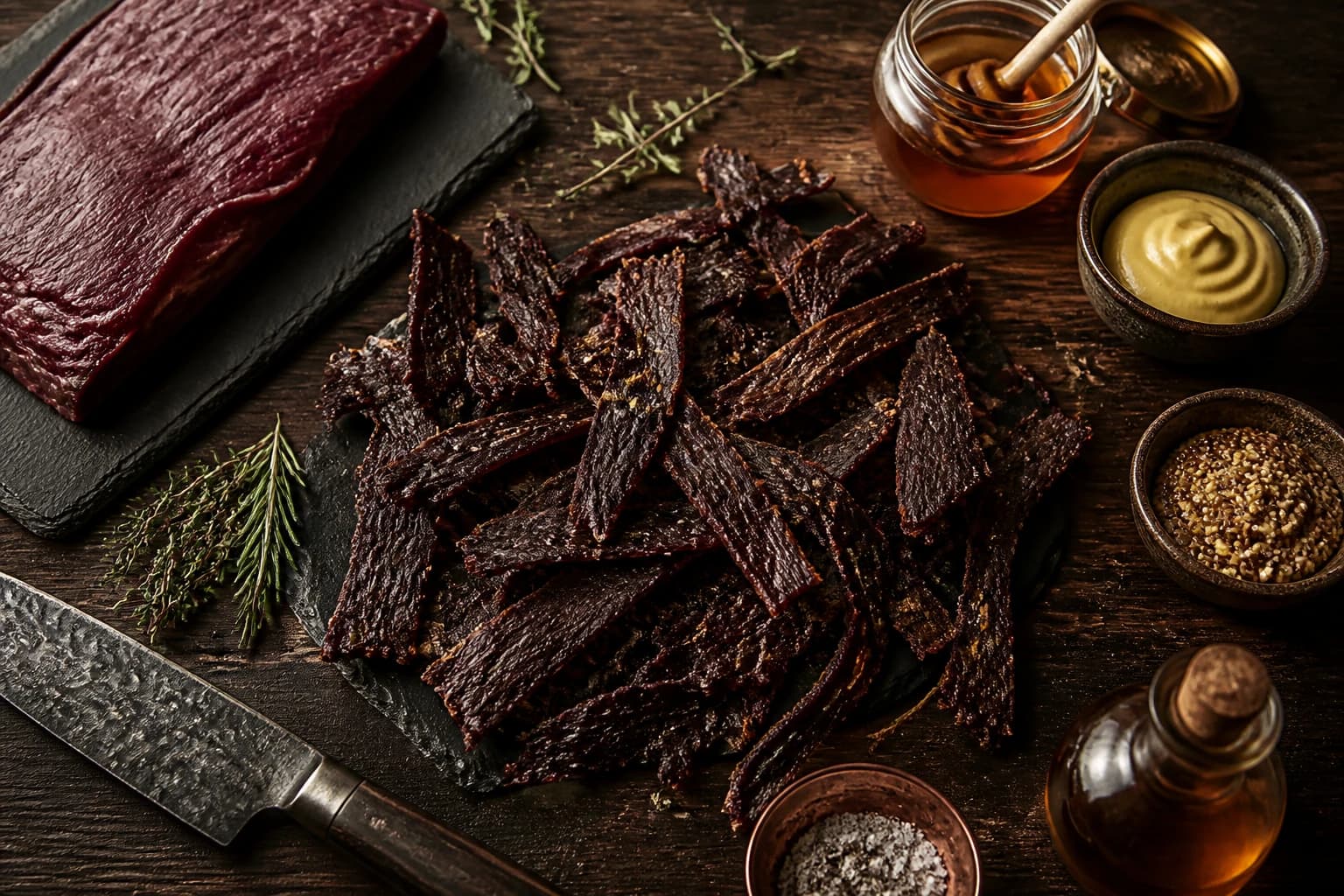 Beef jerky miel moutarde en train de sécher sur une grille au four, tranches brillantes et dorées
