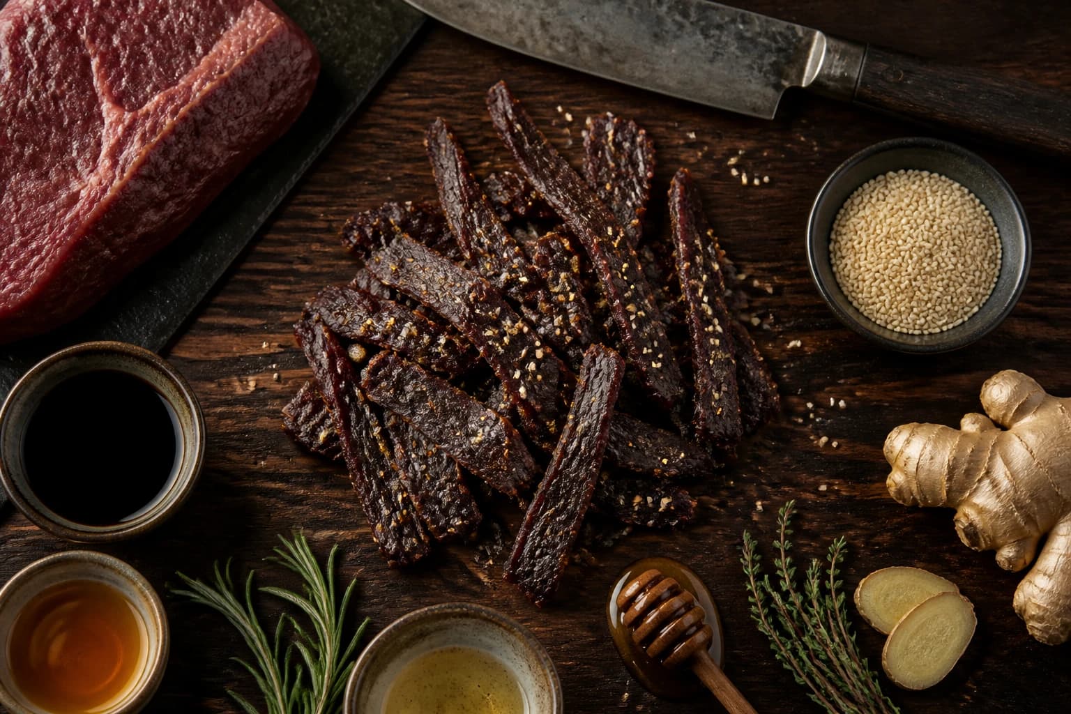 Beef jerky teriyaki maison sur une grille de four, tranches laquées dorées au soja-mirin en cours de séchage
