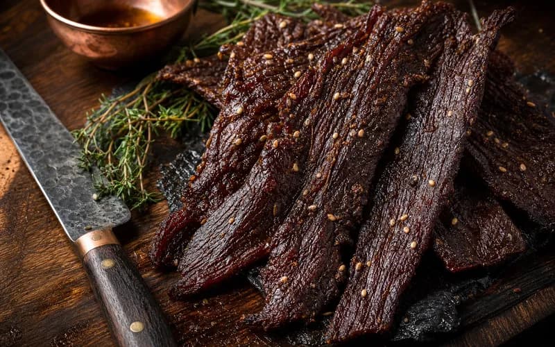 Beef jerky teriyaki maison disposé sur une planche en bois, tranches brillantes laquées soja-mirin et graines de sésame