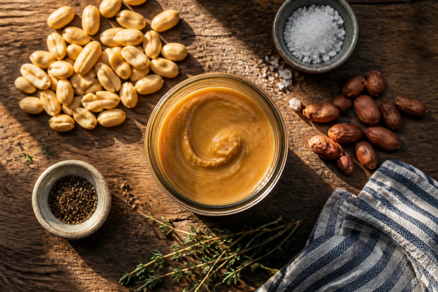 Beurre de cacahuète maison en pot, texture crémeuse dorée sur une tartine de pain complet
