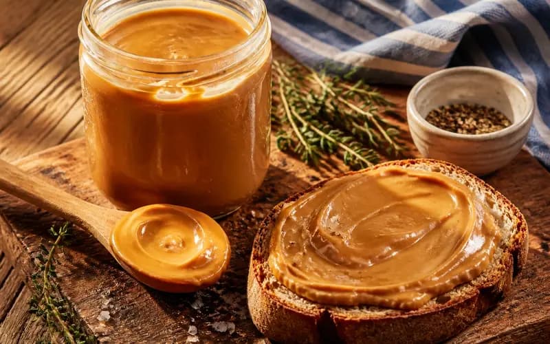 Beurre de cacahuète maison crémeux et brillant dans un bocal en verre, tartiné sur une tranche de pain grillé