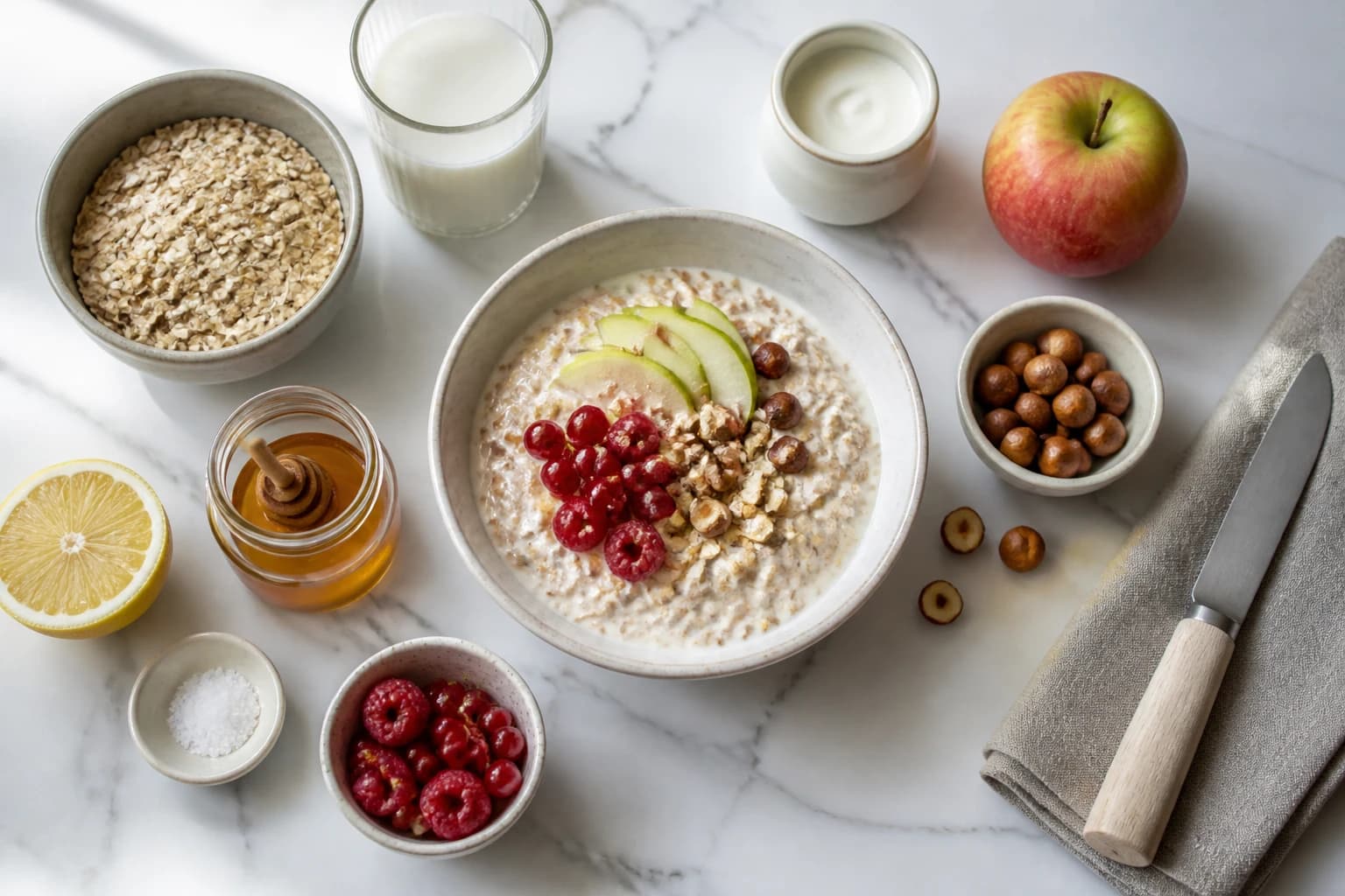 Bircher muesli dans un bol en grès, pomme râpée, noisettes et fruits rouges