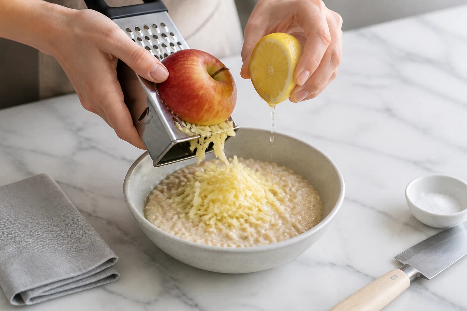 Etape 2 : Râper la pomme au dernier moment — Bircher muesli pomme : la recette suisse originale