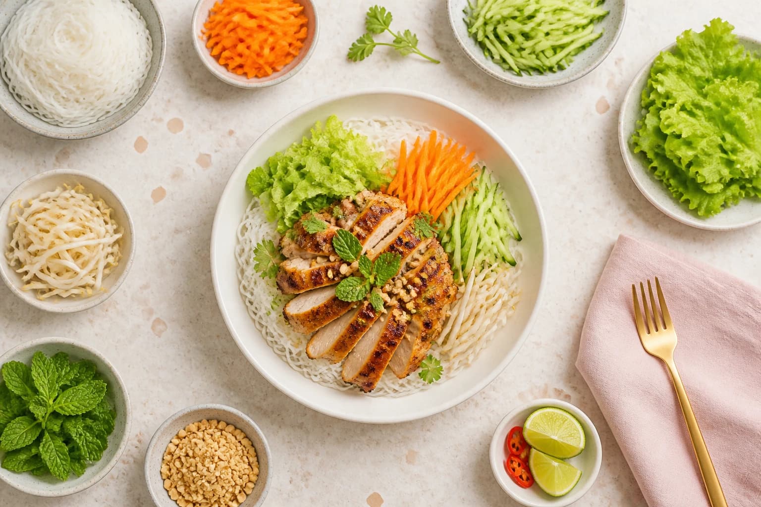 Bol de bo bun léger au poulet avec vermicelles de riz, crudités en julienne, herbes fraîches et cacahuètes concassées