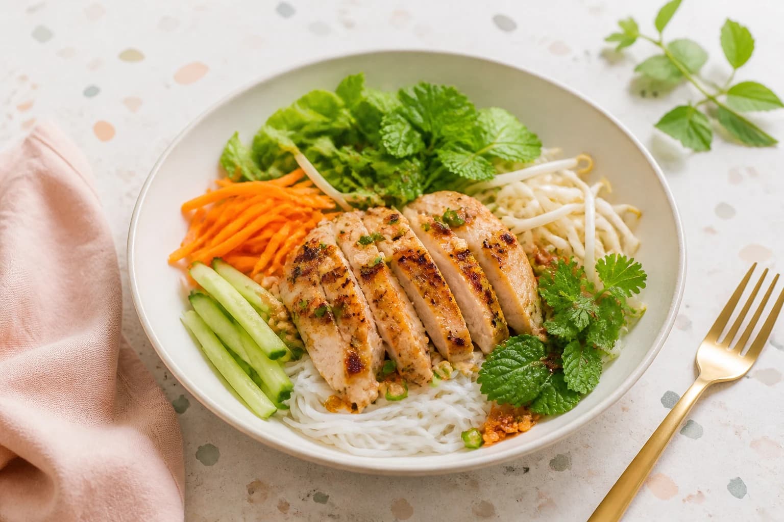 Etape 2 : Cuire les vermicelles de riz — Bo bun léger au poulet, frais et croquant