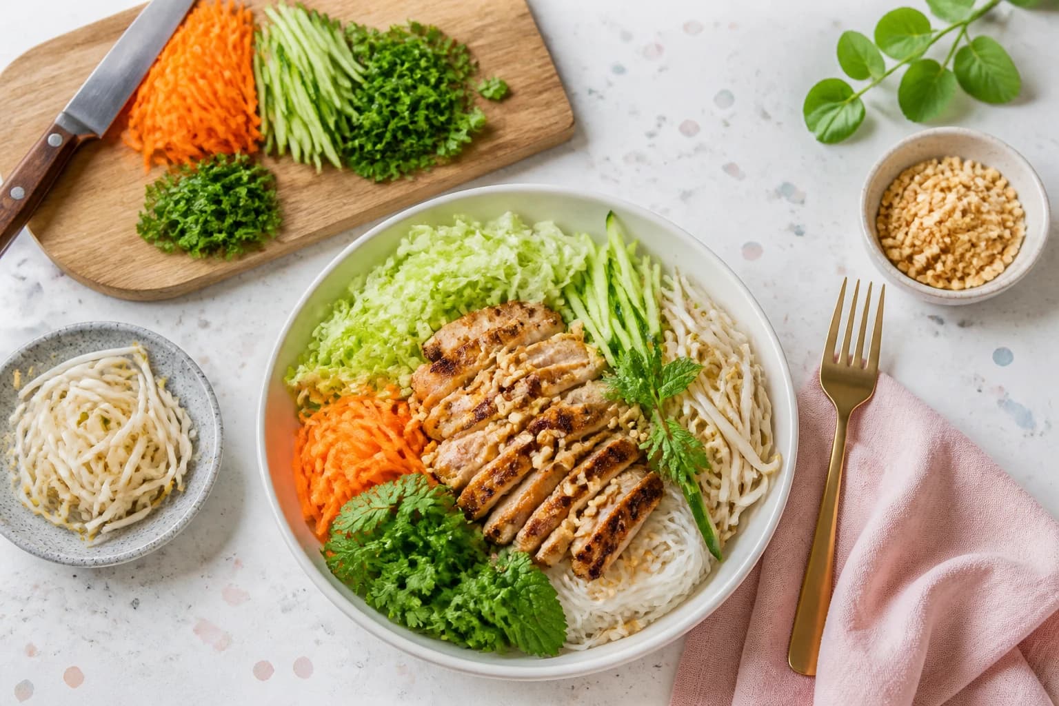 Etape 3 : Tailler les crudités et les herbes — Bo bun léger au poulet, frais et croquant