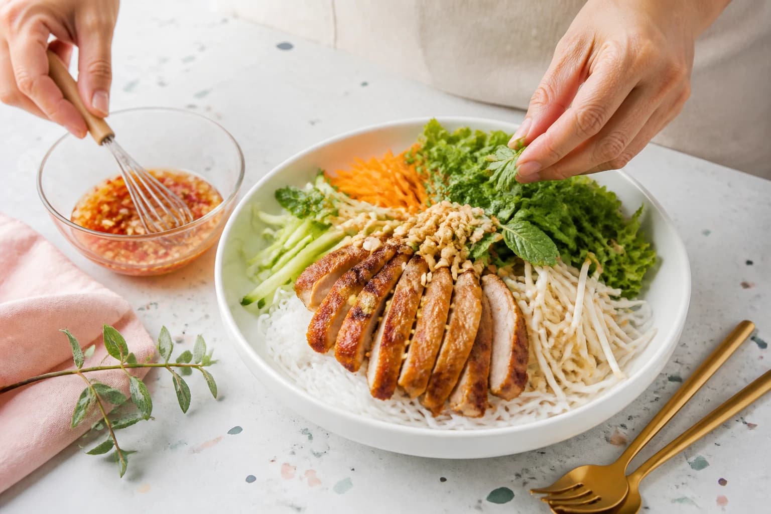 Etape 4 : Préparer la sauce et dresser — Bo bun léger au poulet, frais et croquant