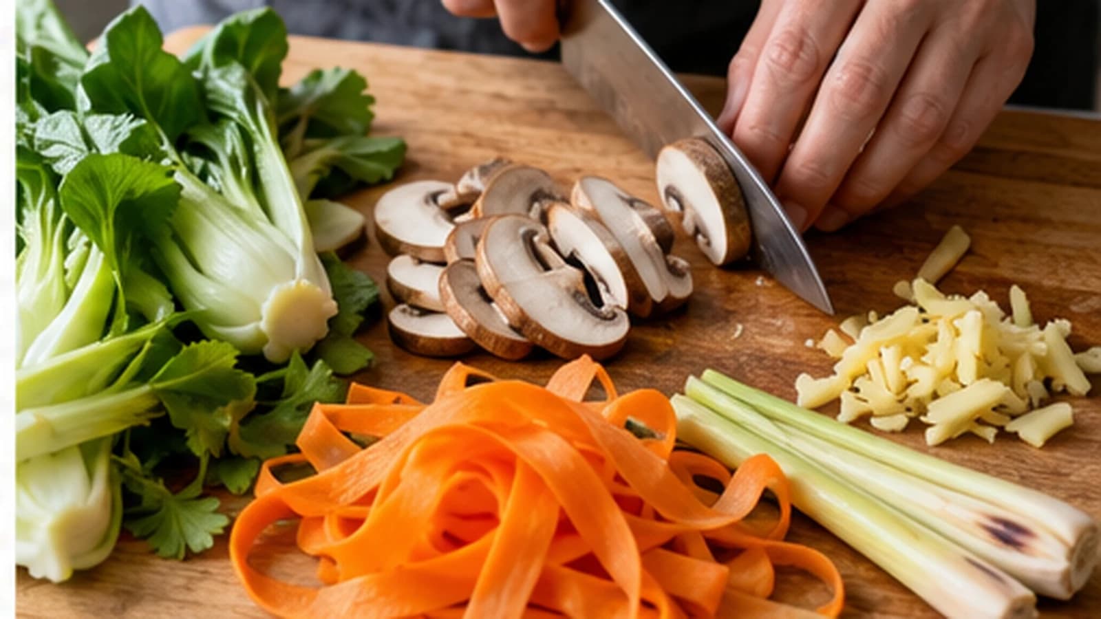 Etape 1 : Préparer les légumes et les aromates — Bouillon thaï aux légumes et crevettes léger
