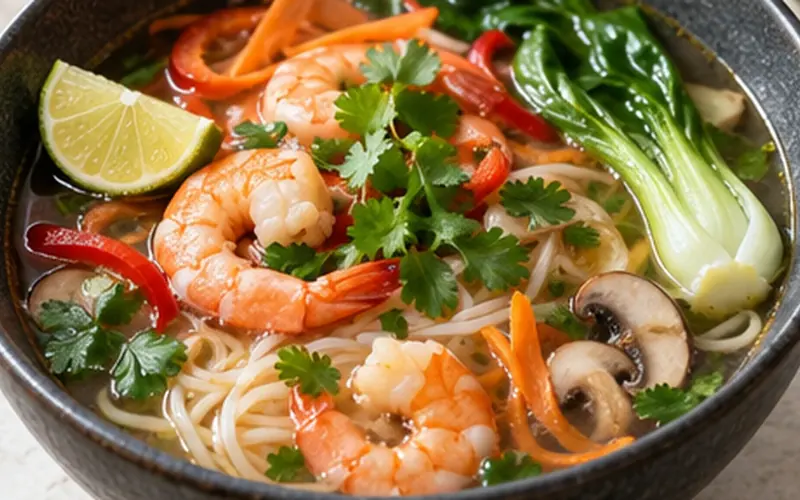 Bouillon thaï clair aux crevettes, pak choï et champignons dans un bol en céramique sombre