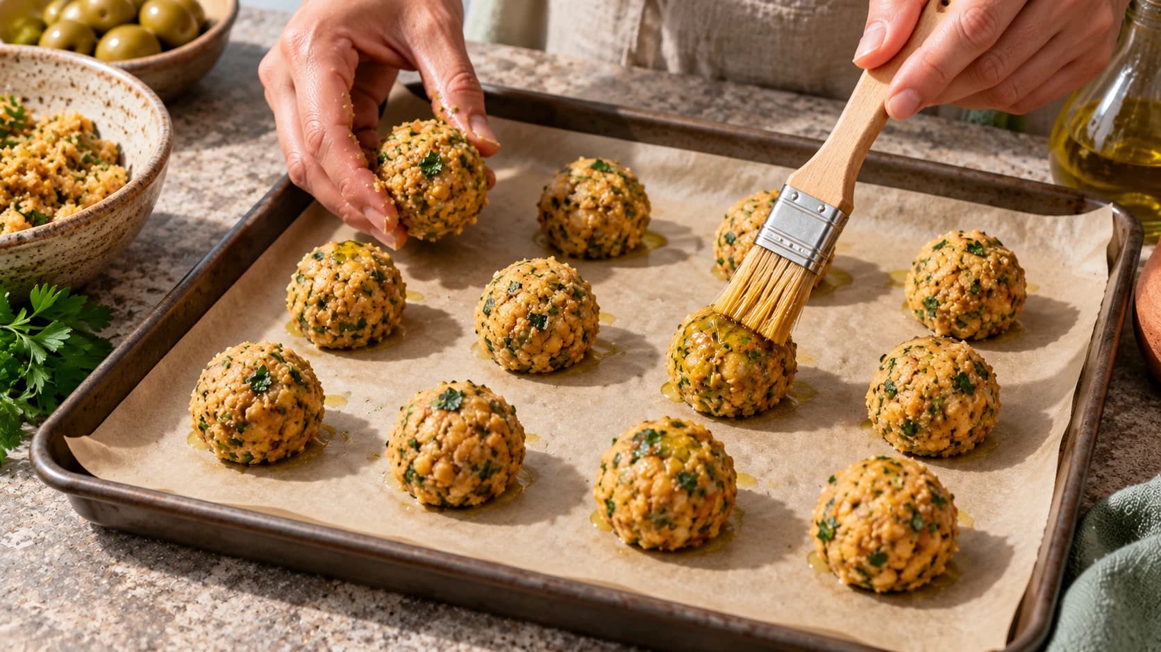 Etape 2 : Façonner et cuire les boulettes — Boulettes de pois chiches sauce tomate minceur