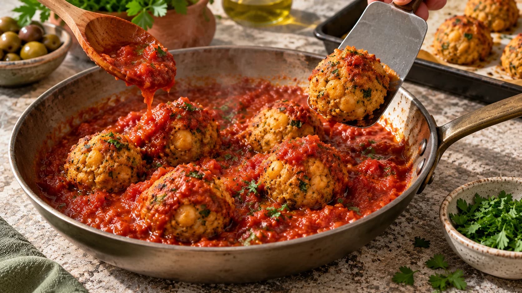 Etape 4 : Réunir les boulettes et la sauce — Boulettes de pois chiches sauce tomate minceur