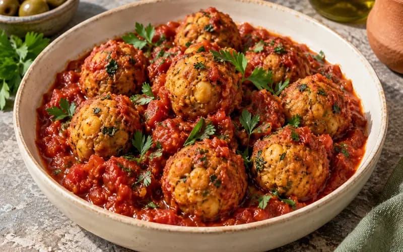 Boulettes de pois chiches dorées dans une sauce tomate maison, servies avec du persil frais