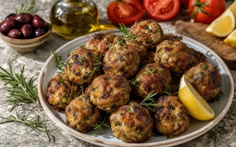 Boulettes grecques keftedes dorées, boulettes de viande épicées aux herbes fraîches