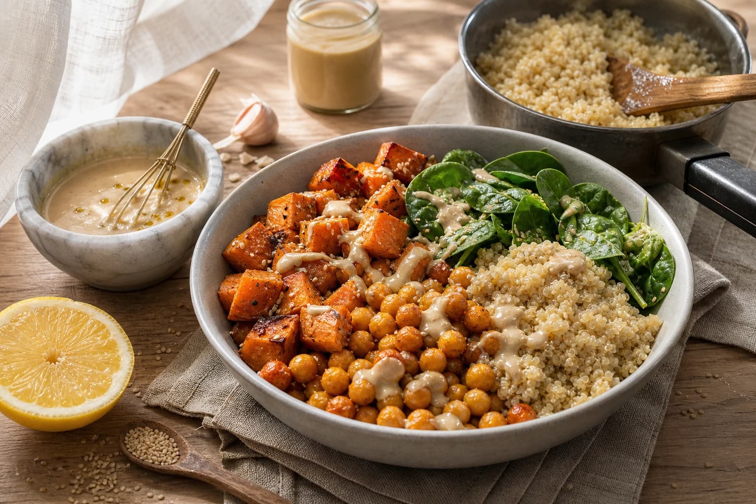 Étape 3 : Cuire le quinoa et préparer la sauce tahini — Bowl patate douce & pois chiches