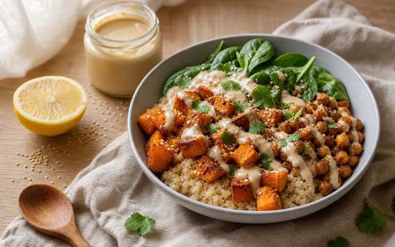 Bowl aux cubes de patate douce fondante, pois chiches rôtis croustillants et filet de sauce tahini crémeuse