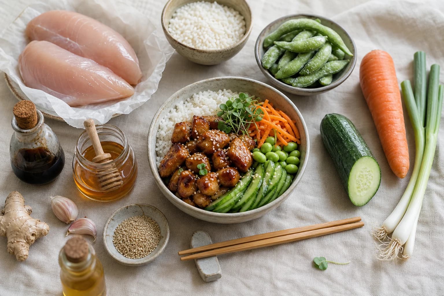 Bowl poulet teriyaki edamames vue inventaire ingrédients fond clair