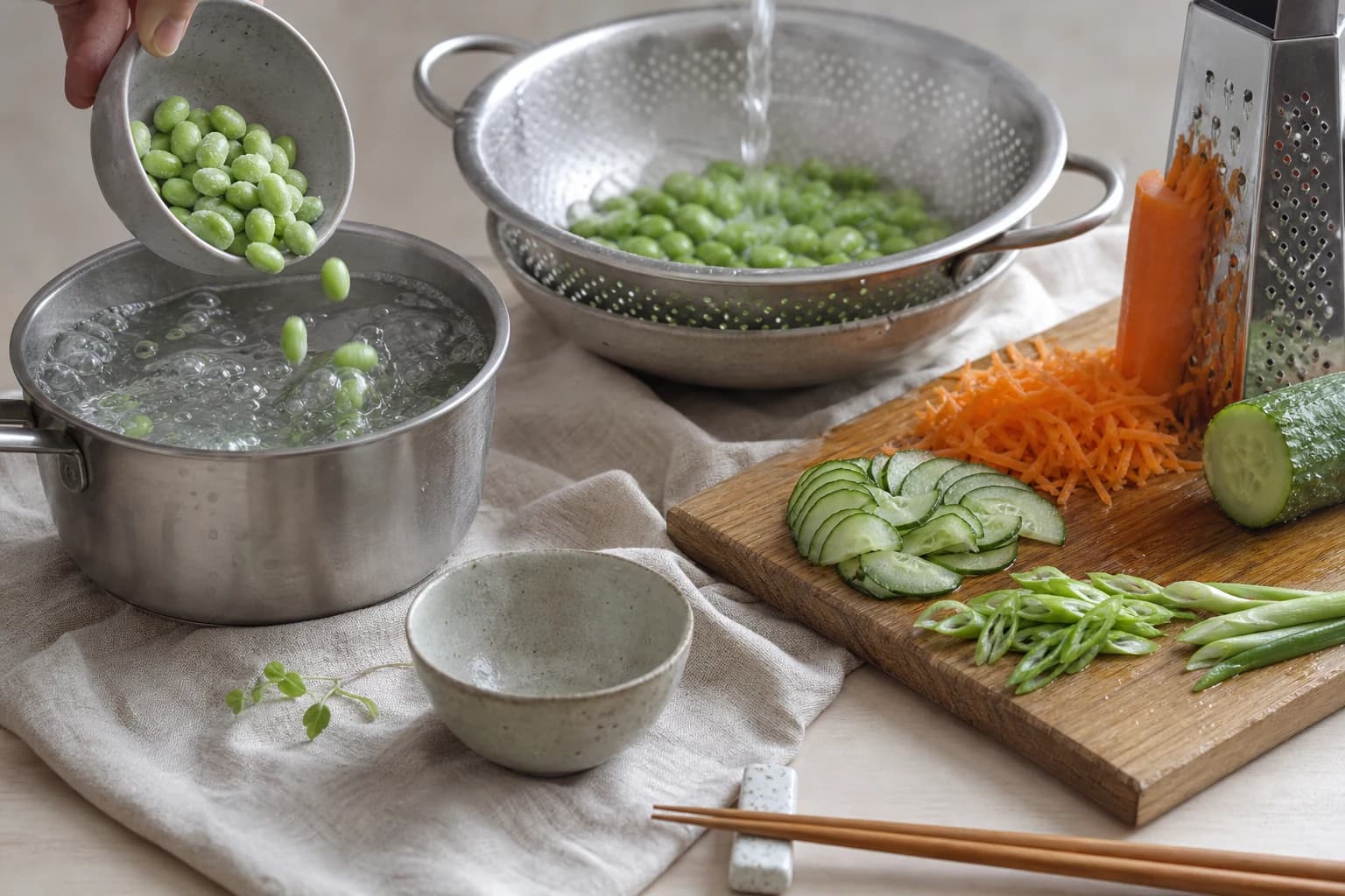 Etape 3 : Préparer les edamames et les crudités — Bowl poulet teriyaki & edamames