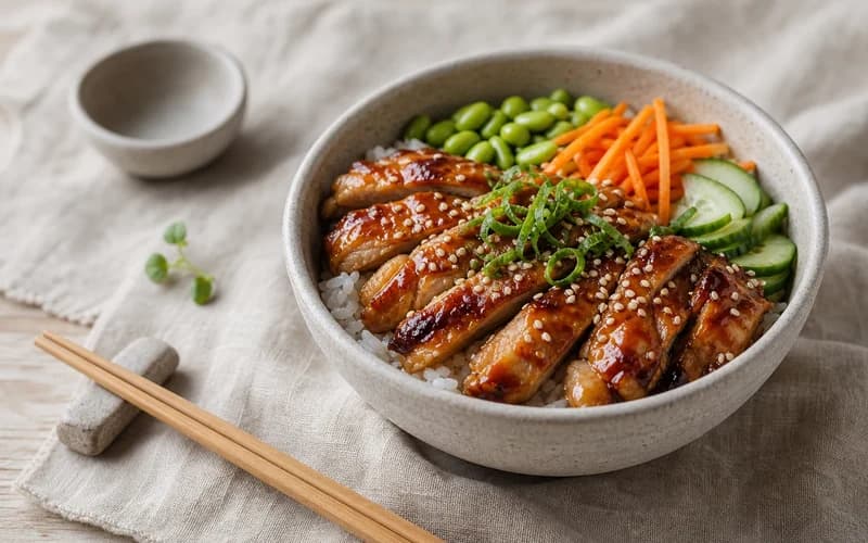 Bowl japonais avec lamelles de poulet laqué teriyaki, riz blanc, edamames verts et légumes croquants