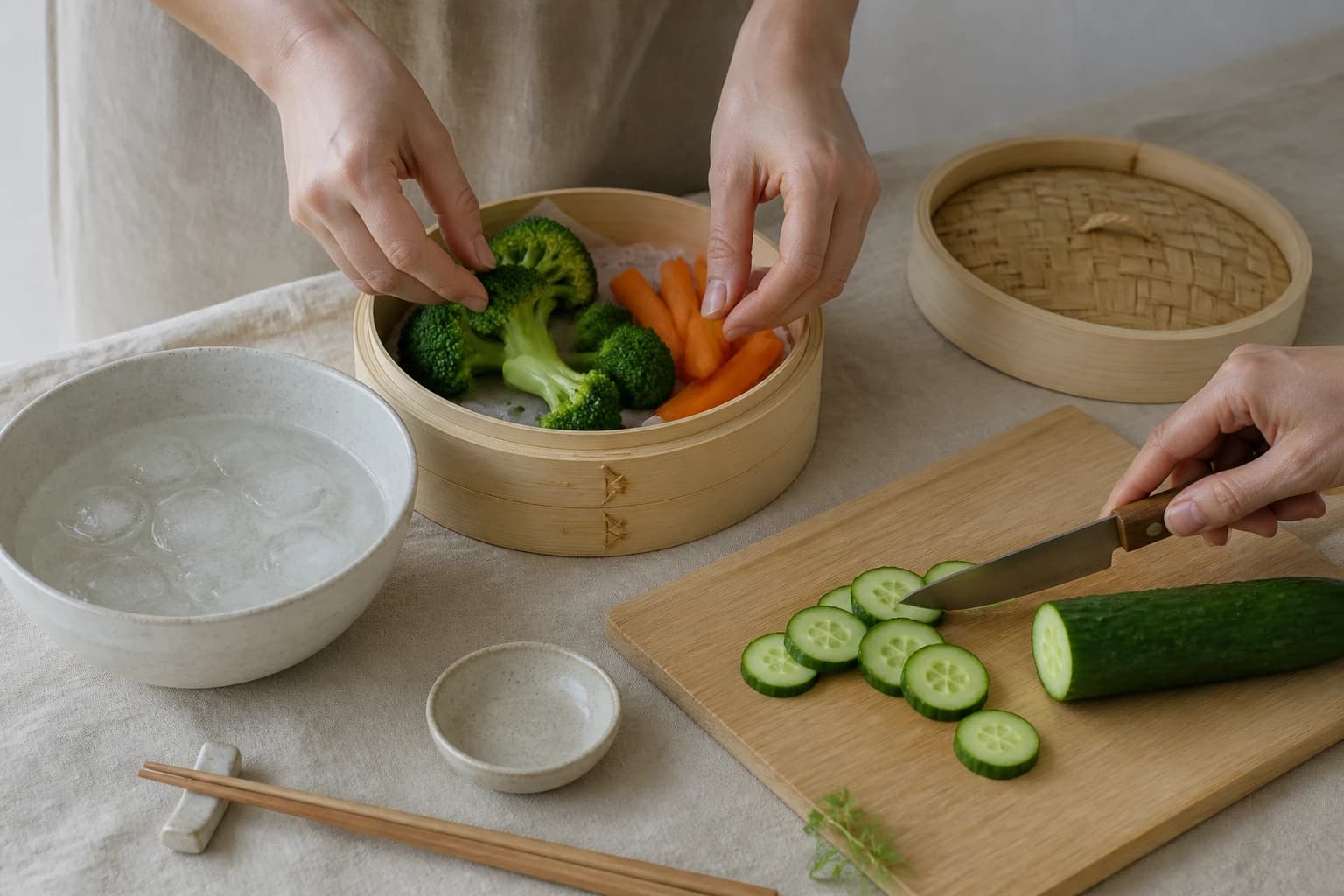 Etape 3 : Préparer les légumes cuits et crus — Box bento poisson riz complet : 4 compartiments pour un repas rassasiant