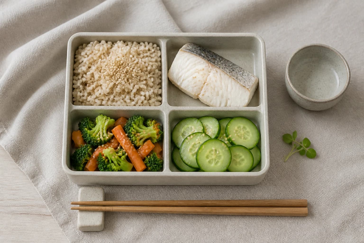 Etape 4 : Assembler les 4 compartiments du bento — Box bento poisson riz complet : 4 compartiments pour un repas rassasiant