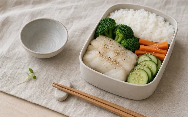 Box bento poisson riz complet : 4 compartiments pour un repas rassasiant