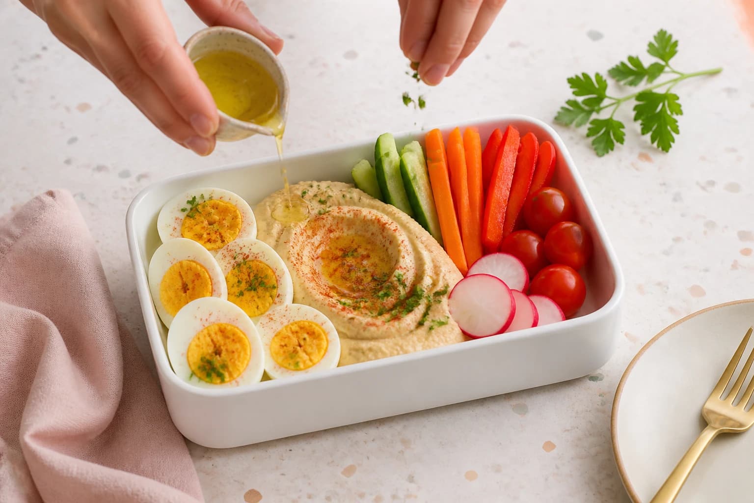 Box repas œufs durs, houmous et crudités assaisonnée d'un filet d'huile d'olive et de paprika